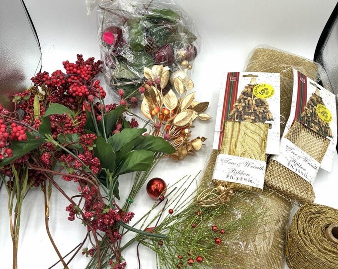 Large Christmas Craft Lot Floral Picks Berries Gold Ribbon Mesh Wreath Supplies