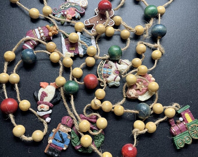 Vintage Christmas Garland 82" Twine Wood Beads Resin Charm Figurines Old World