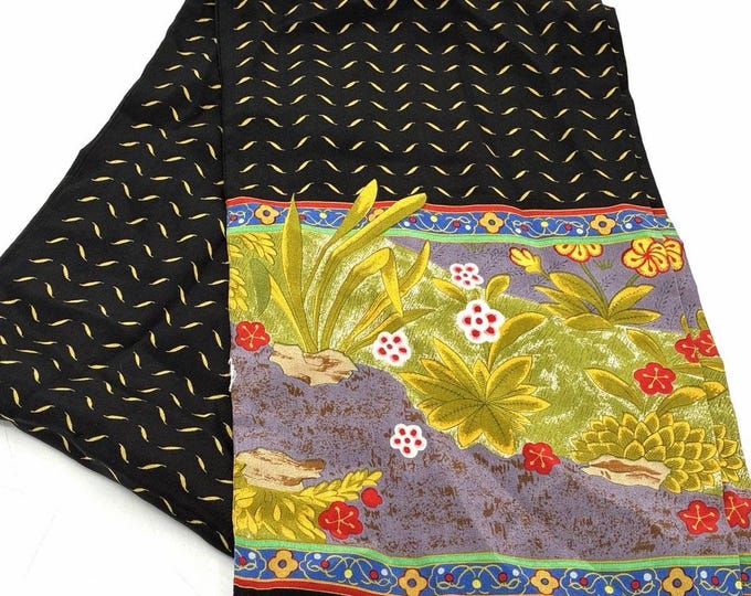 Vintage Floral Silk Scarf Black Fringe Trim Multicolor Neck Wrap Boho Festival