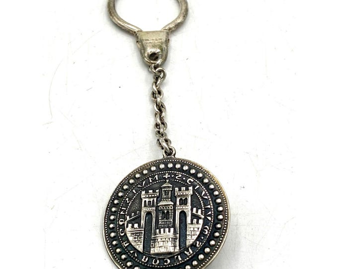 Vintage 900 Silver Double Sided Keychain Castle Cherub Medallion Marked