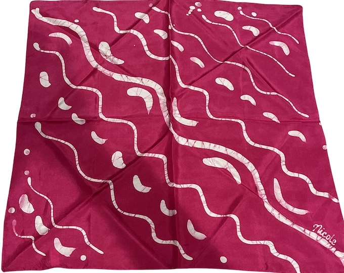 Vintage Dark Pink Abstract Hand Rolled Silk Scarf – 21" Square Signed Nicole AS IS