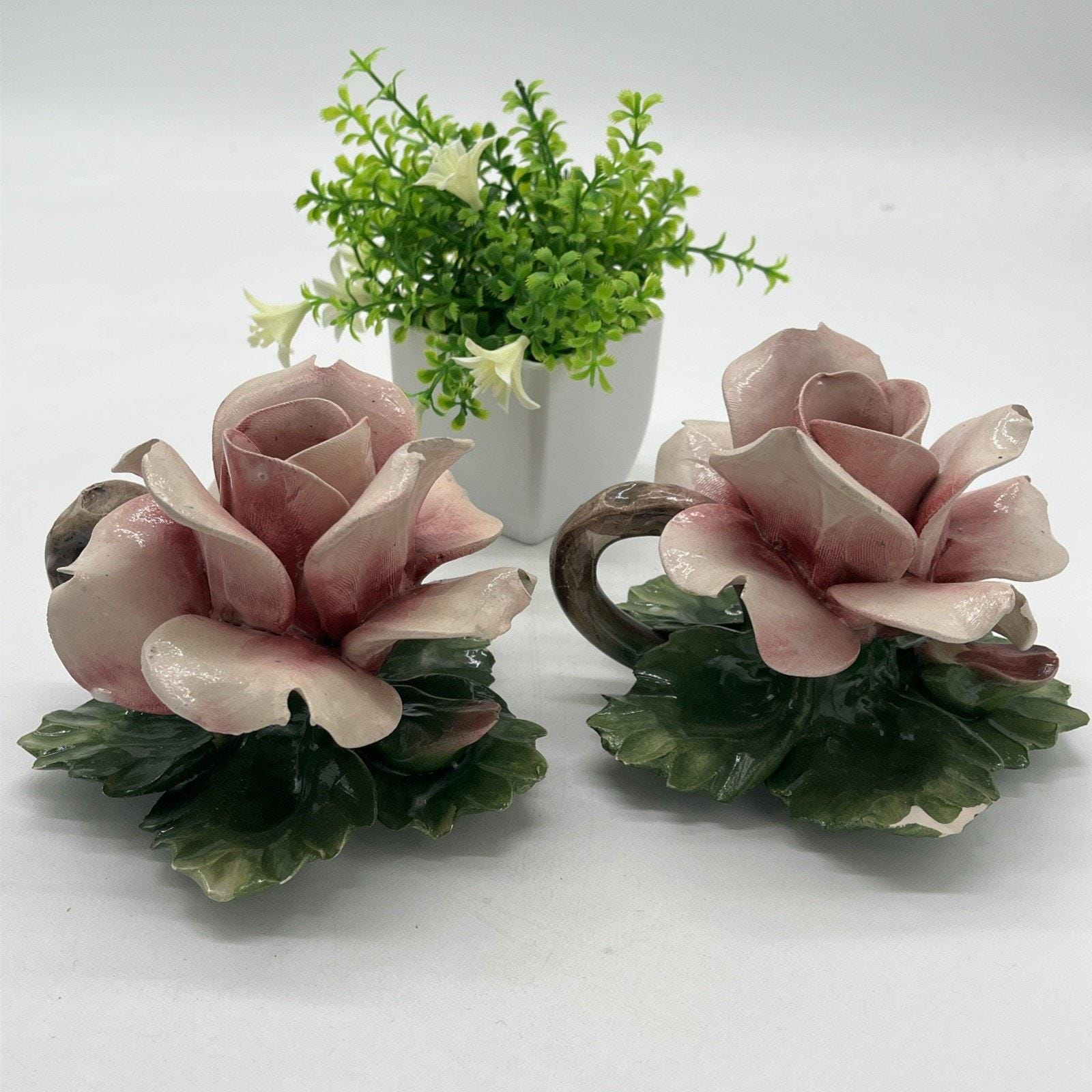 Set 2 Capodimonte Bassano Porcelain Ceramic Pink Rose Candle