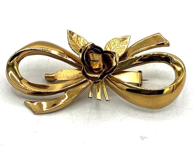 Coro Signed Gold Tone Bow Rose Brooch Vintage Costume Jewelry Floral