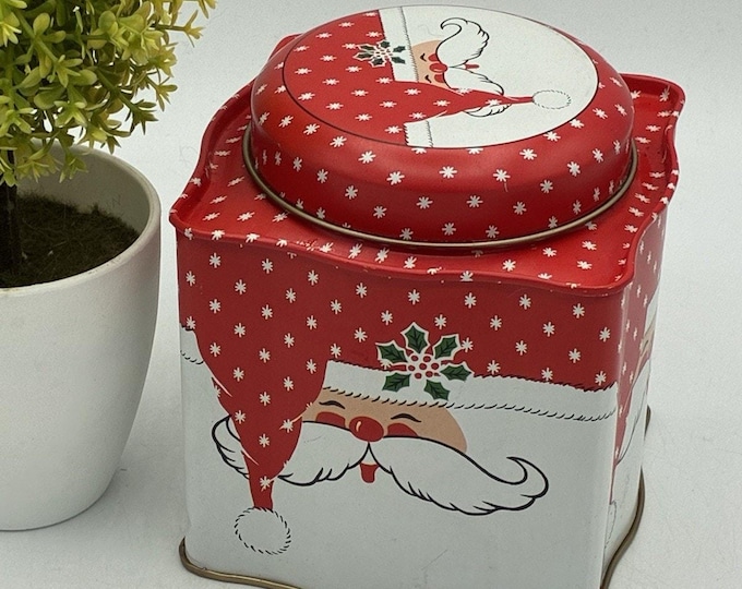 Vintage Style Santa Face Christmas Tin Snowflake Pattern Storage Canister 4”