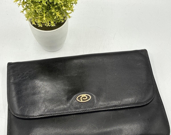 Vintage Pappagallo Black Leather Envelope Clutch Purse Made in Italy Gold Snap