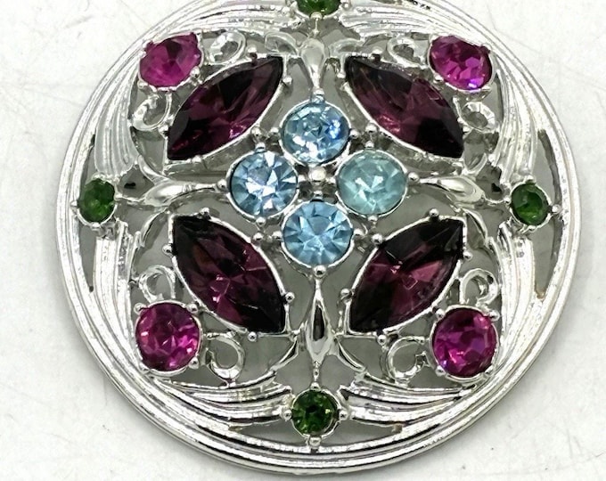 Vintage 1972 Sarah Coventry Springtime Brooch Multicolor Rhinestone Silver Tone
