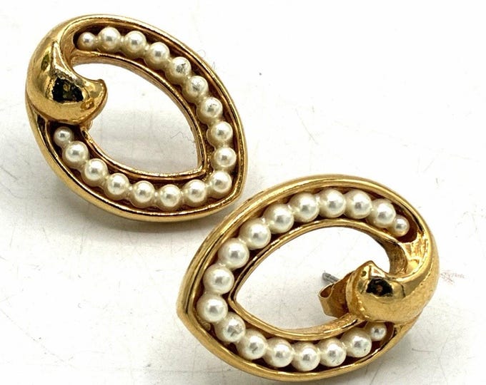 Vintage Gold Tone Faux Pearl Oval Swirl Earrings Textured Back Pierced Studs