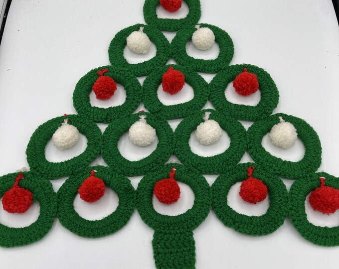 Vintage Crochet Christmas Tree Wall Hanging 17” Pom Pom Handmade Holiday Decor