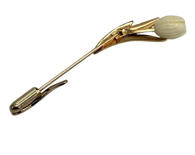 Vintage Signed Avon Gold Tone Ivory Cream Tulip Bud Stick Pin Brooch 3 Inch