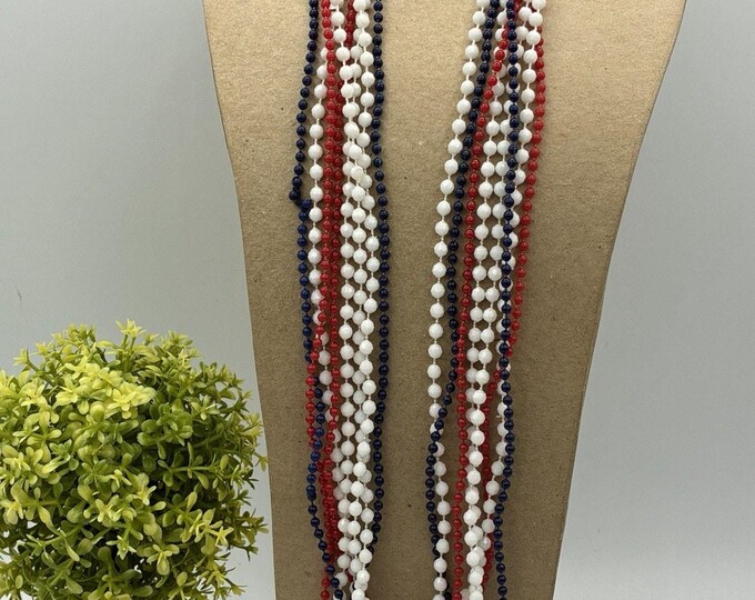 Vintage Hong Kong Red White Blue Multi Strand Beaded Necklace 46” Long
