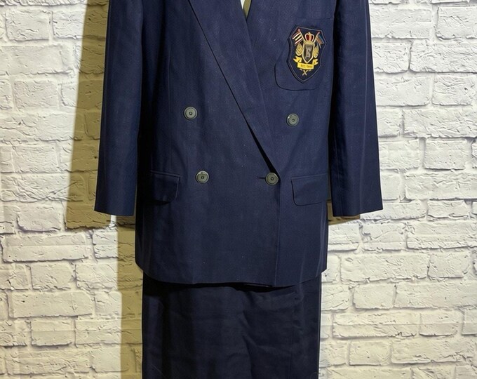 Linda Allard Ellen Tracy Linen Suit Womens 6 Navy Crest Blazer Skirt Vintage