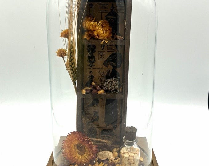 Vintage Glass Dome Curiosity Display Dried Flowers Seeds Primitive Folk Art 13”