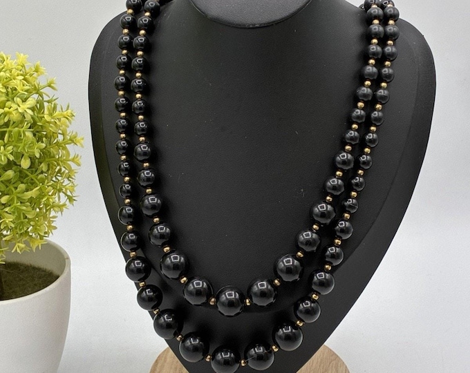 Vintage Black Faceted Bead Necklace Gold Tone Clasp Multi-Strand Statement