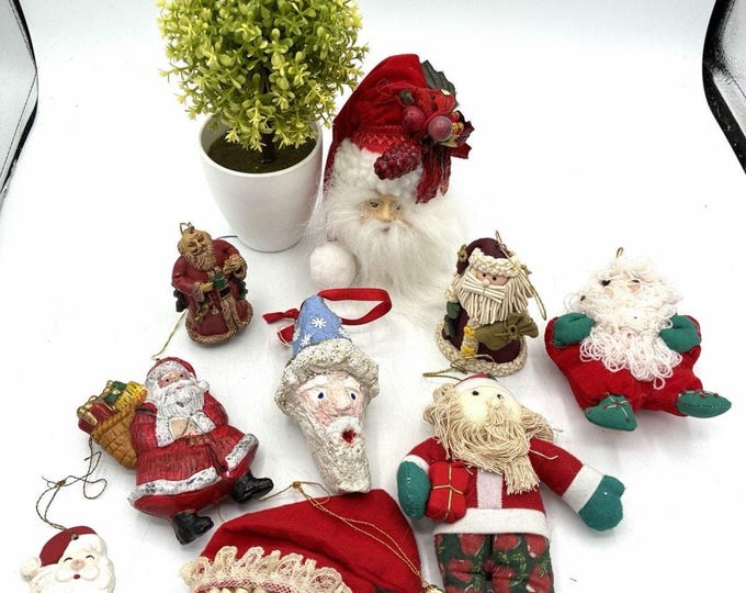 Vintage Santa Christmas Ornaments Lot Mixed Materials Folk Art Handmade Style