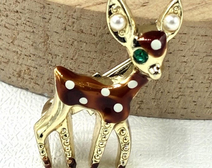 Spotted Fawn Deer Brooch Brown Enamel Green Rhinestone Eyes Faux Pearl Ears