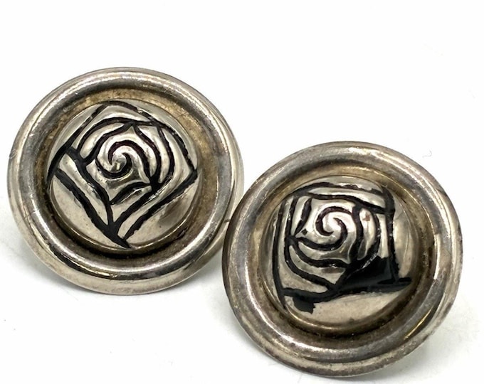 Vintage Silver Tone Round Rose Motif Stud Earrings Oxidized Disc Post No Clutch