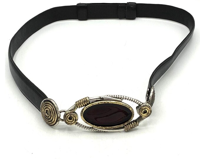 Chico’s Genuine Leather Belt Size S/M Silver Gold Carnelian Stone Buckle