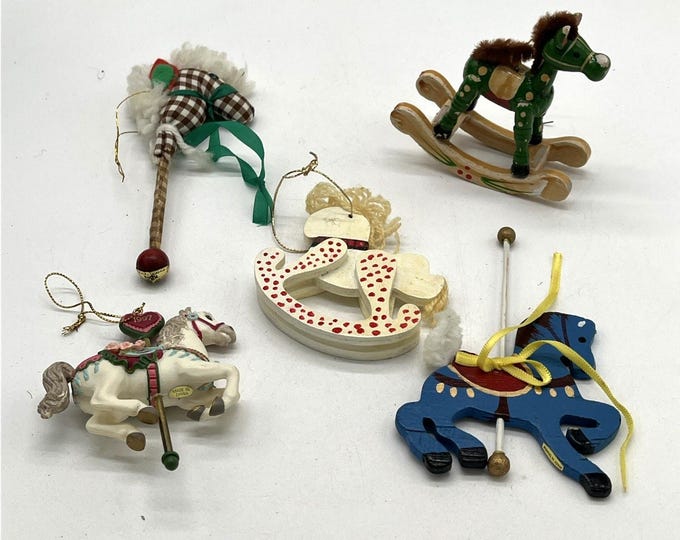 Lot of 5 Vintage Horse Christmas Ornaments – Wooden & Russ Plastic Holiday Set