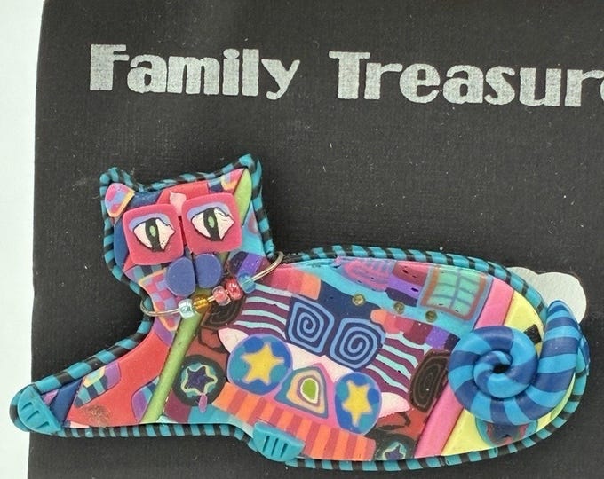 Handmade Artisan Polymer Clay Cat Brooch Colorful Patchwork Bead Whiskers 3”