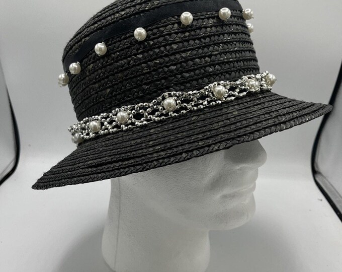 Vintage Black Straw Hat Adorned With Faux Pearl Dangle Accents