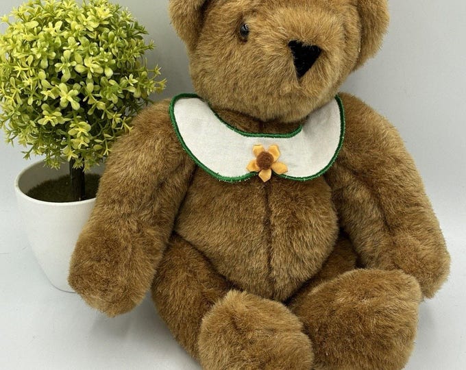 Vermont Teddy Bear Authentic Handmade Brown Plush Flower Bib Collar 14 Inch