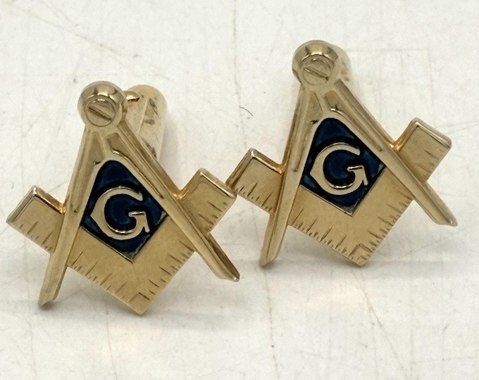 Anson Masonic Square Compass Cufflinks Gold Tone Blue Enamel Freemason Vintage
