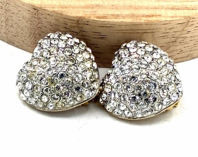 Vintage Joan Rivers Gold Tone Rhinestone Encrusted Heart Clip-On Earrings.