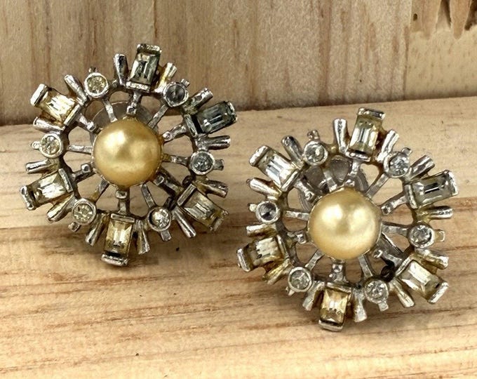Vintage Starburst Atomic Clip Earrings Faux Pearl Rhinestone Silver Tone 50s