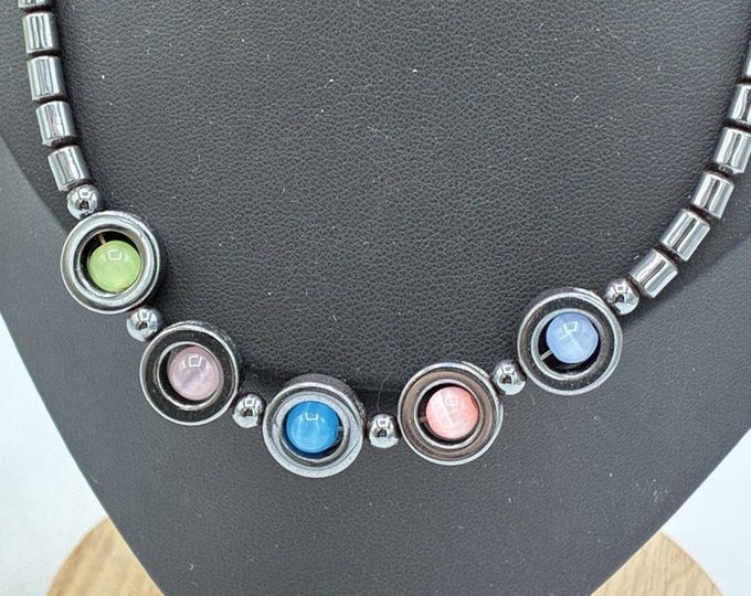 Hematite Necklace Multicolor Cat Eye Stone Circle Pendant Beaded Barrel Clasp