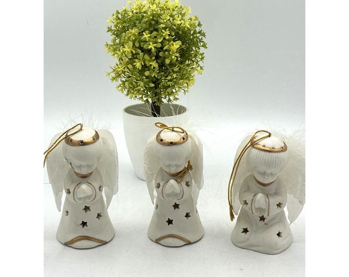 Vintage Ceramic Angel Ornament Set of 3 Light Up Feather Wings Gold Trim