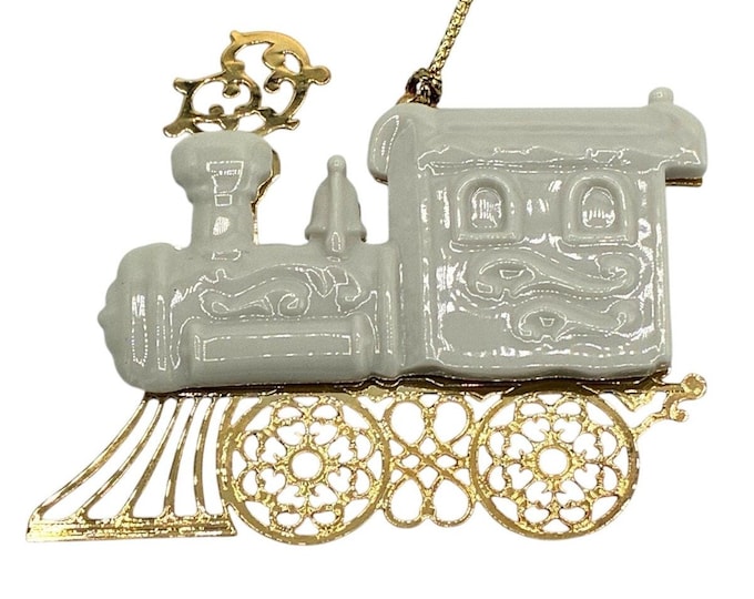 Vintage 1994 Lenox Train Engine Christmas Ornament Brass Ceramic Gold