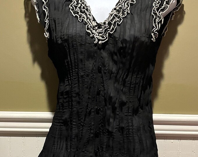 Jaipur Black Ruffled Semi Sheer Sleeveless Blouse Gray Trim NWT M
