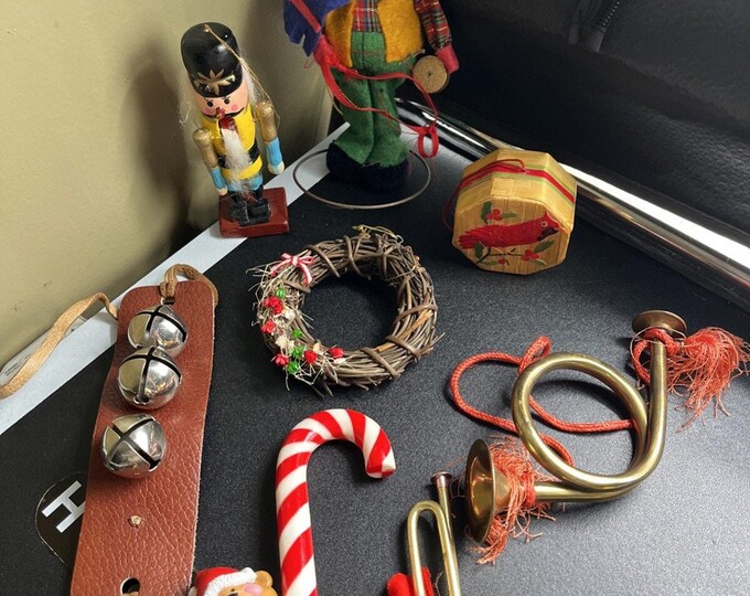 Lot Of 8 Vintage MCM Christmas Ornaments Nutcracker, Bear , Jingle Bells Horn