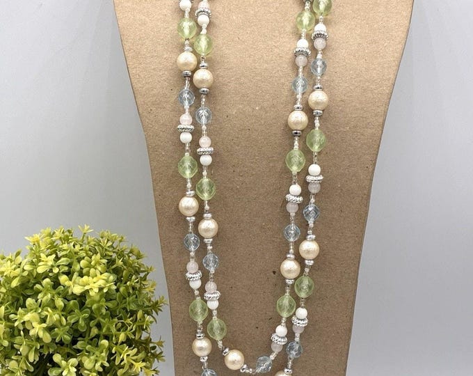 Vintage Long Plastic Bead Necklace Pastel Green Blue Cream Silver Spacers 47 Inch