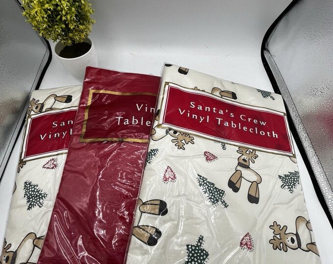Vintage Lot 3 Christmas Vinyl Tablecloths Santa Reindeer Holiday NIP