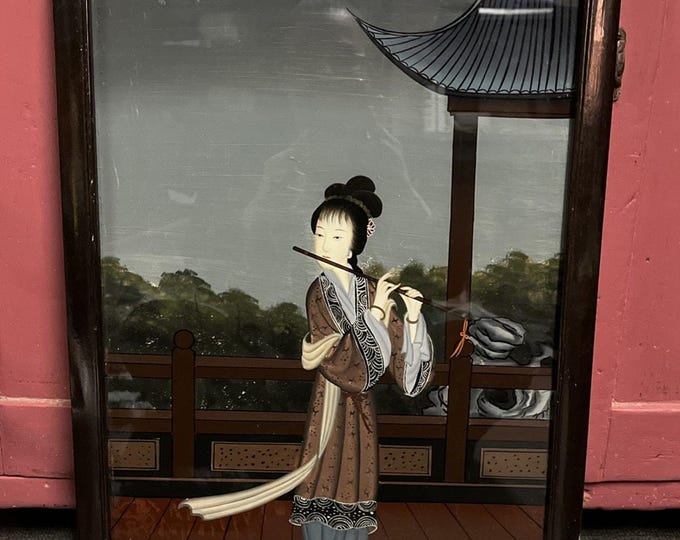 Vintage Chinese Reverse Glass Painting Woman Garden Pavilion Framed Asian Wall Art