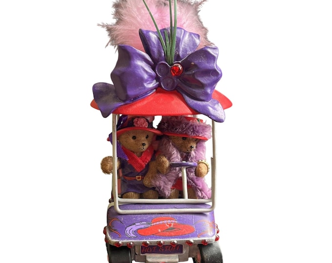 Limited Edition Hamilton Red Hat Society "Hot Stuff" Bear Figurine In Golf Cart