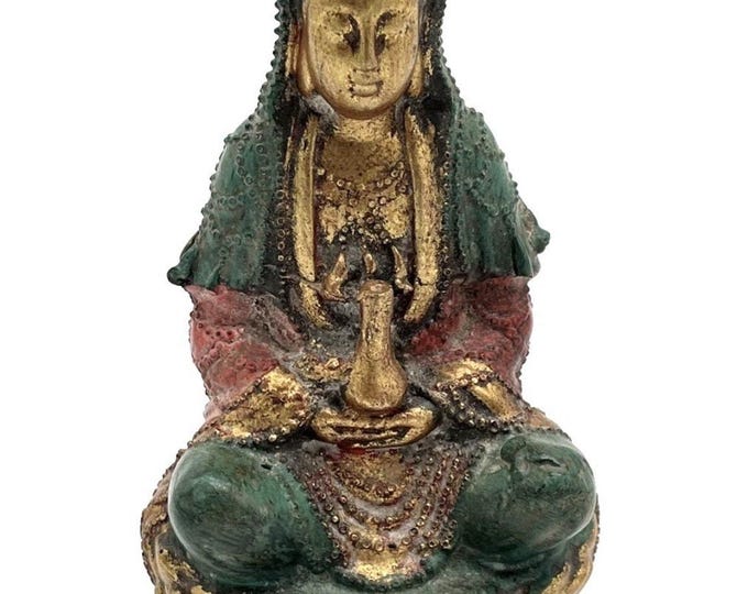 Guanyin Bodhisattva Statue Hand Painted Copper Polychrome Gold 6" Indonesia