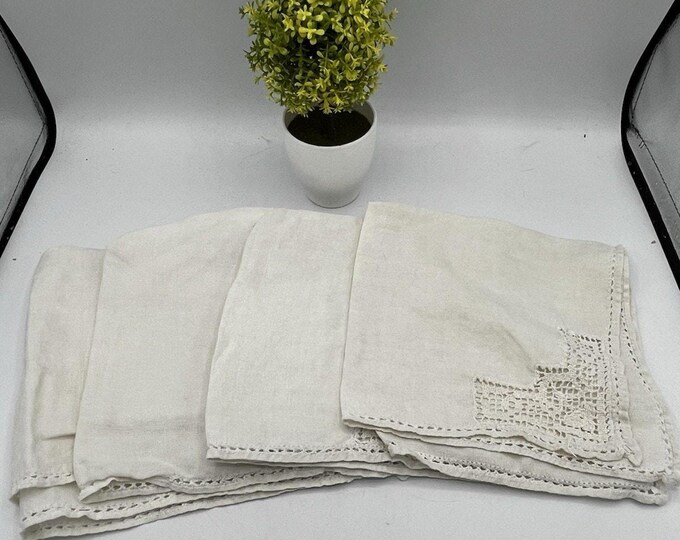Antique Linen Napkins Set of 4 Filet Crochet Corner Inserts Crocheted Edge Trim