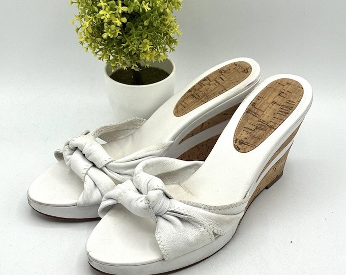 Antonio Melani White Leather Knotted Strap Cork Wedge Slide Sandals Size 7.5