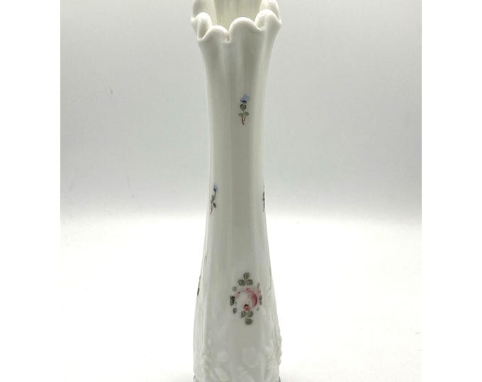 Vintage Westmoreland Milk Glass Bud Vase Hand Painted Floral 9 3/8”