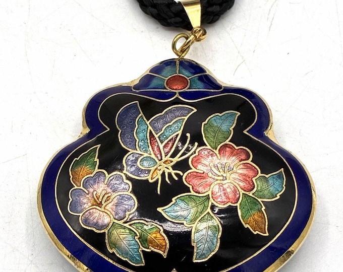 Vintage Cloisonne Pendant Necklace Black Butterfly Floral Ruyi Shape 26 Inch