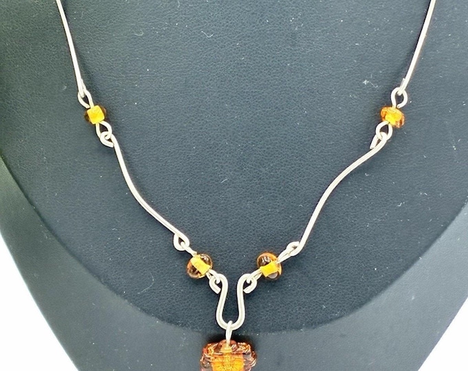 925 Sterling Silver Orange Glass Bead Necklace Artisan Handmade Style