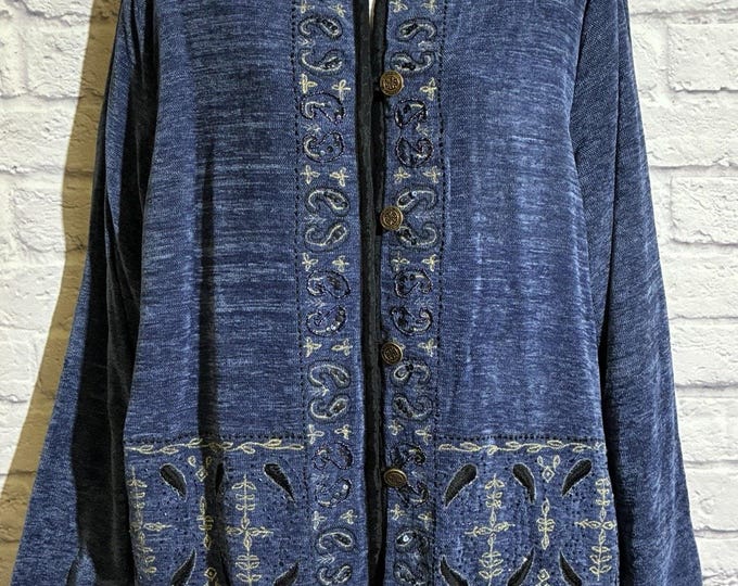 Vintage White Stag Jacket L 12/14 Blue Embroidered Paisley Beaded Boho Y2K