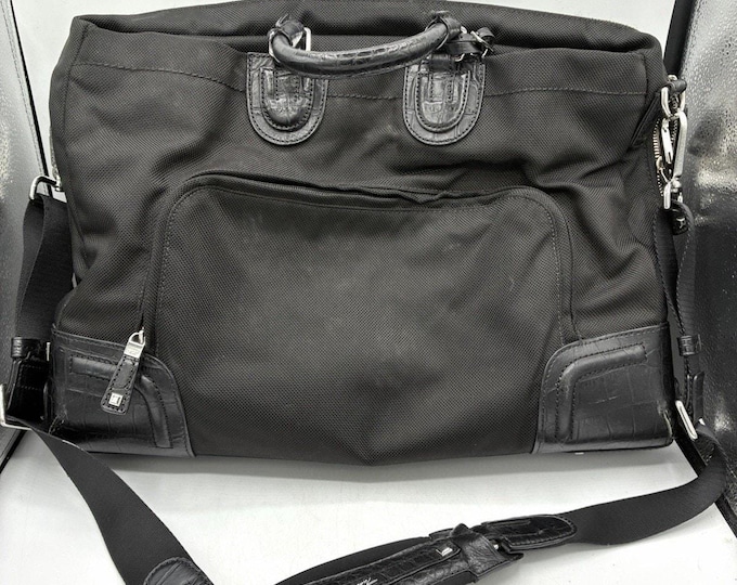 Tumi 73223D Briefcase Laptop Bag Black Nylon Croc Leather Trim Shoulder Strap