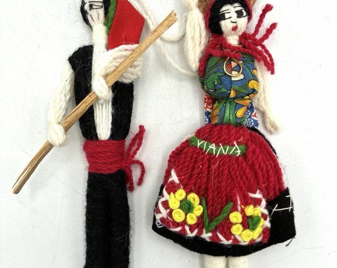 Vintage Balkan Folk Art Couple Dolls Yarn Handmade Joined Pair 6” “Vlana””