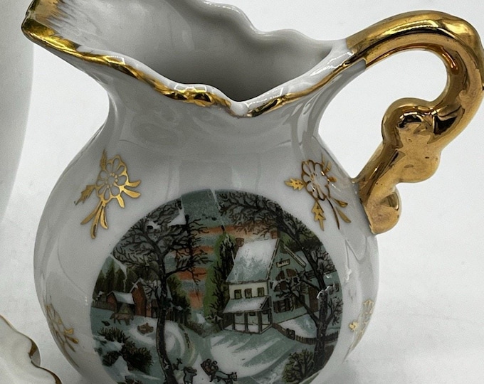 Enesco Japan Homestead Winter Currier Ives Mini Pitcher Dish Set Gold