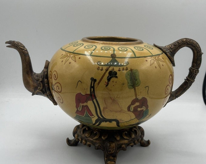 Vtg Painted Footed Ceramic Decorative Asian Dragon Teapot Housed In Ornate Metal