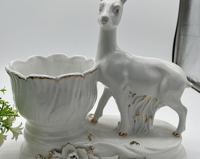 Vintage Capodimonte Centerpiece Pot Planter White Gold Trim Deer Roses 12” Italy
