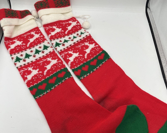Vtg Fair Isle Christmas Stockings Set Of 2 Reindeer Snowflake Trees Hearts READ